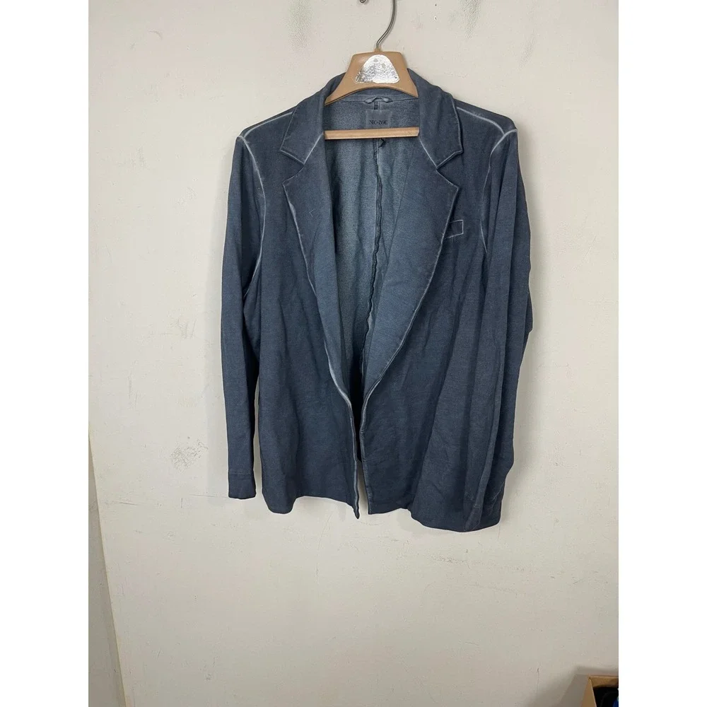 NIC+ZOE Blue Mineral Wash Jersey Knit Open Front Blazer‎ Jacket Womens 2X